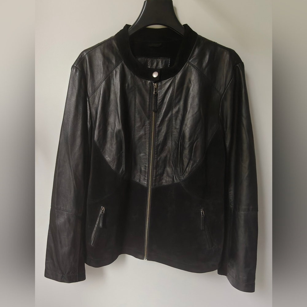 Tribal Black Leather Jacket Moto Suede Full Zip Size 14